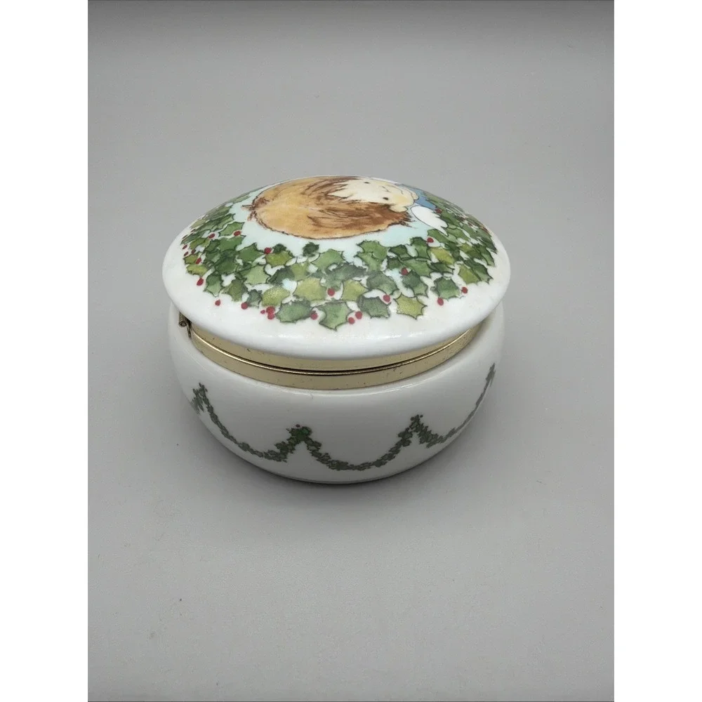 Vintage 1990 Enesco Krinka Boy Angel Round Hinged  Porcelain Trinket Box
